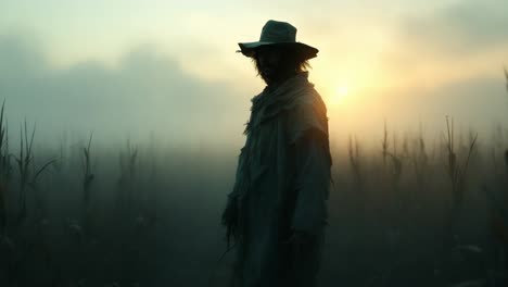 mysterious figure in a foggy cornfield at sunrise, embodying solitude and nature's beauty