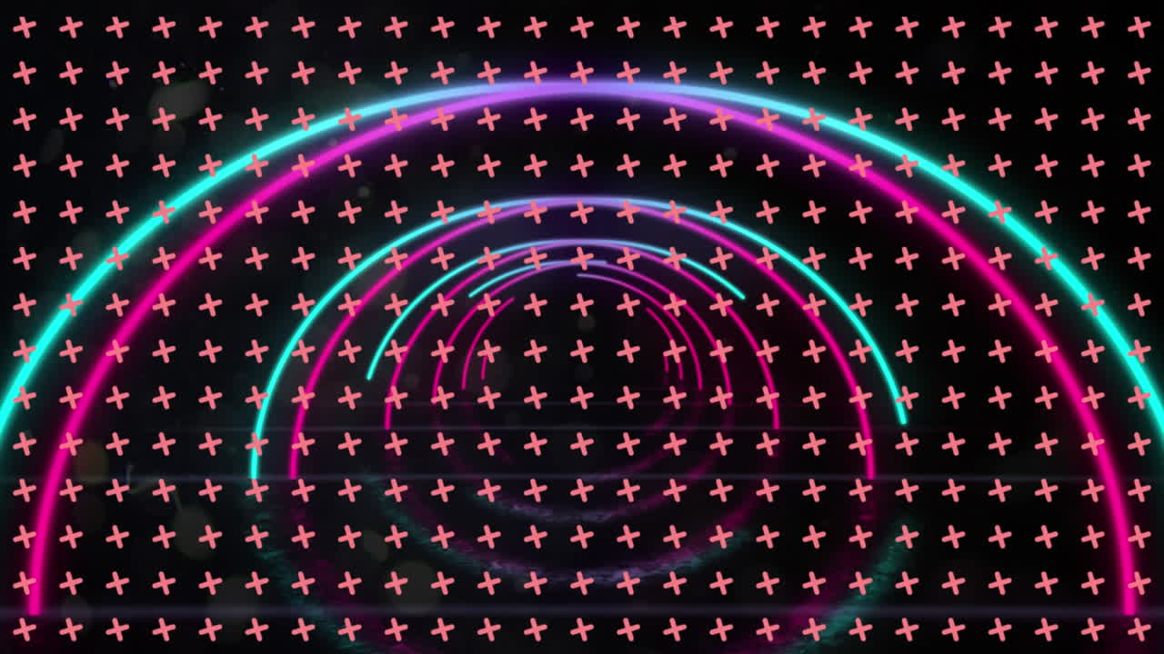 animación de arcos de neón que se mueven sobre cruces que giran sobre un fondo negro