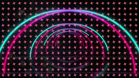 animación de arcos de neón que se mueven sobre cruces que giran sobre un fondo negro