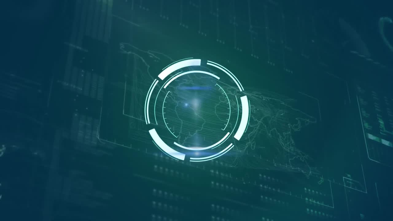 Round scanner over world map against digital interface with data processing on blue background