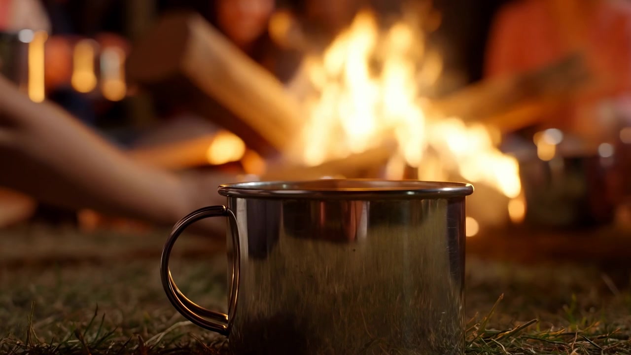 Taza de metal reflectante reposa baja sobre la hierba en primer plano con el asa hacia la izquierda mientras una hoguera borrosa y troncos apilados arden en el fondo, manos extendidas sostienen
