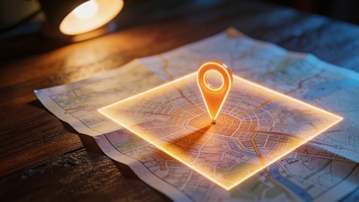 Brightening orange pin tracing light trail, forming glowing square on map under lamp marking block