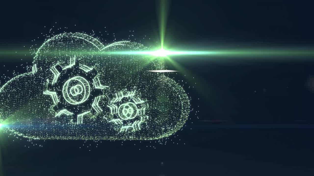 animación de nube con engranajes ai procesamiento de datos sobre cuadrícula y fondo oscuro