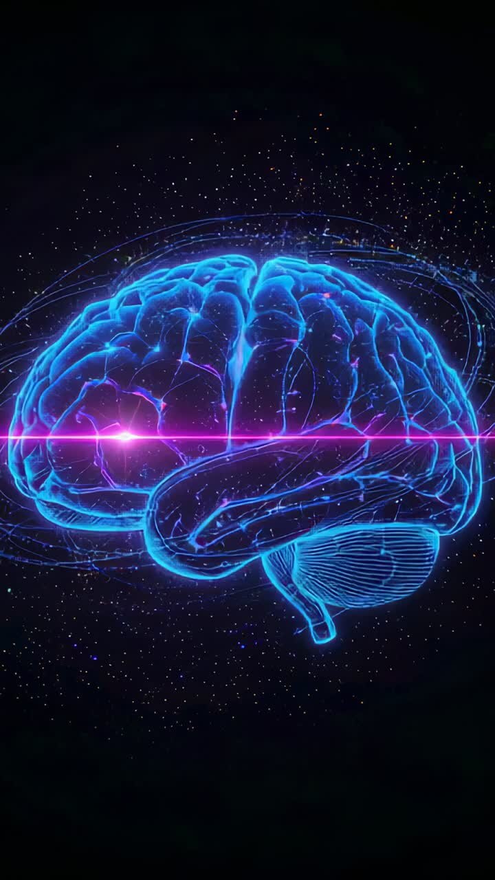 Video verticale: raggio magenta che spara scansionando un cervello blu neon con zoom nel vuoto, alimentando anelli viola