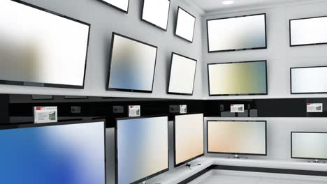 interior of electronics store with synchronized video playing on screens of multiple televisions