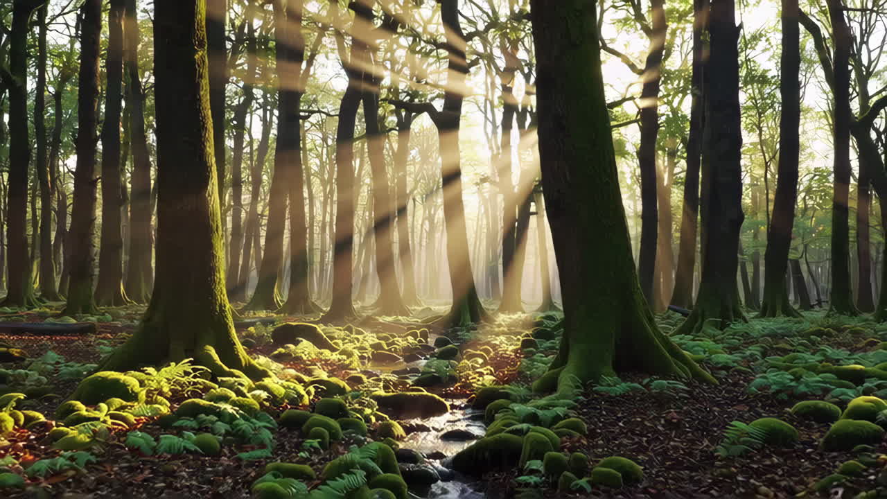 빛이 안개 숲을 가로질러 흐른다