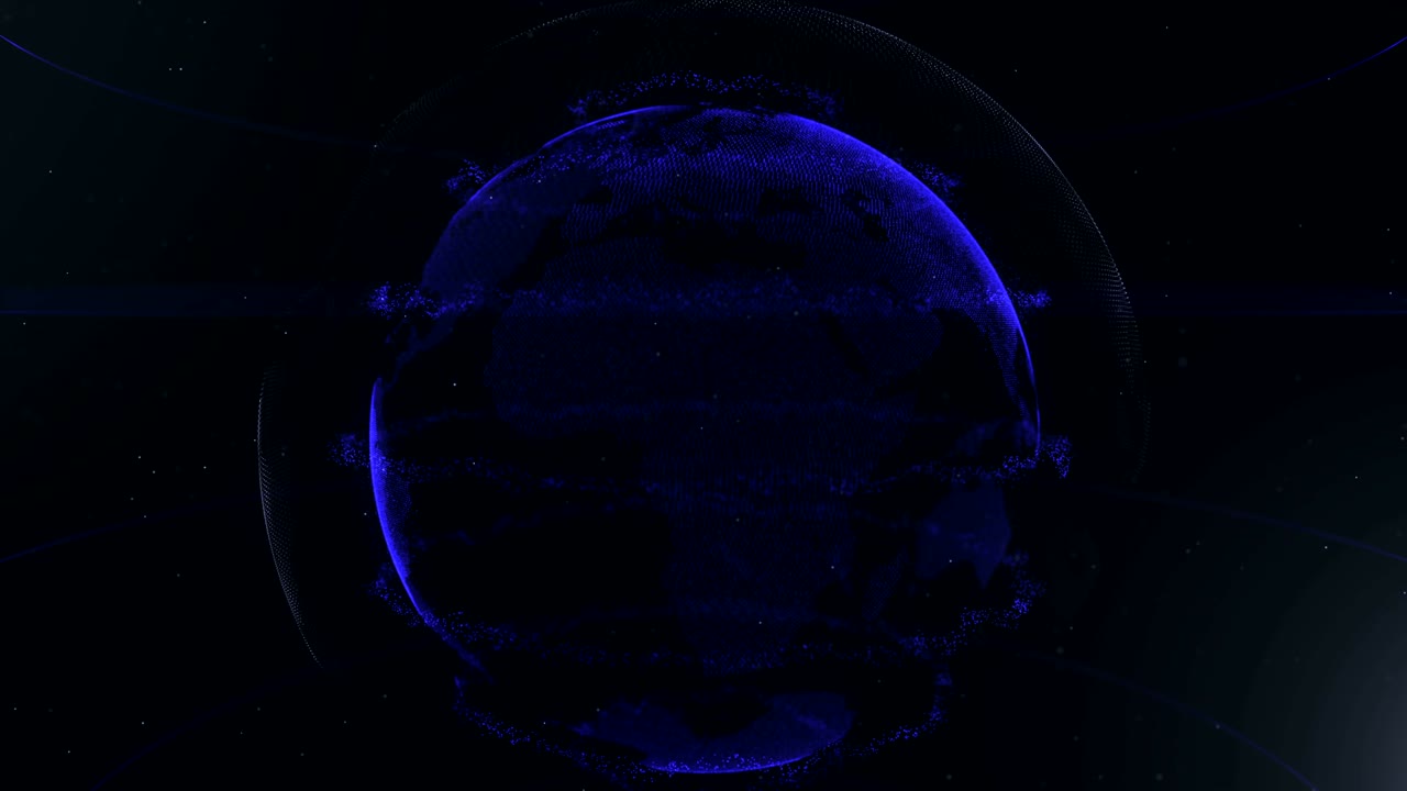Abstract sphere. Connected navy blue dots with lines. Globalization interface. Croped sphere. Upper half of a sphere. Moving blicks. 4K.