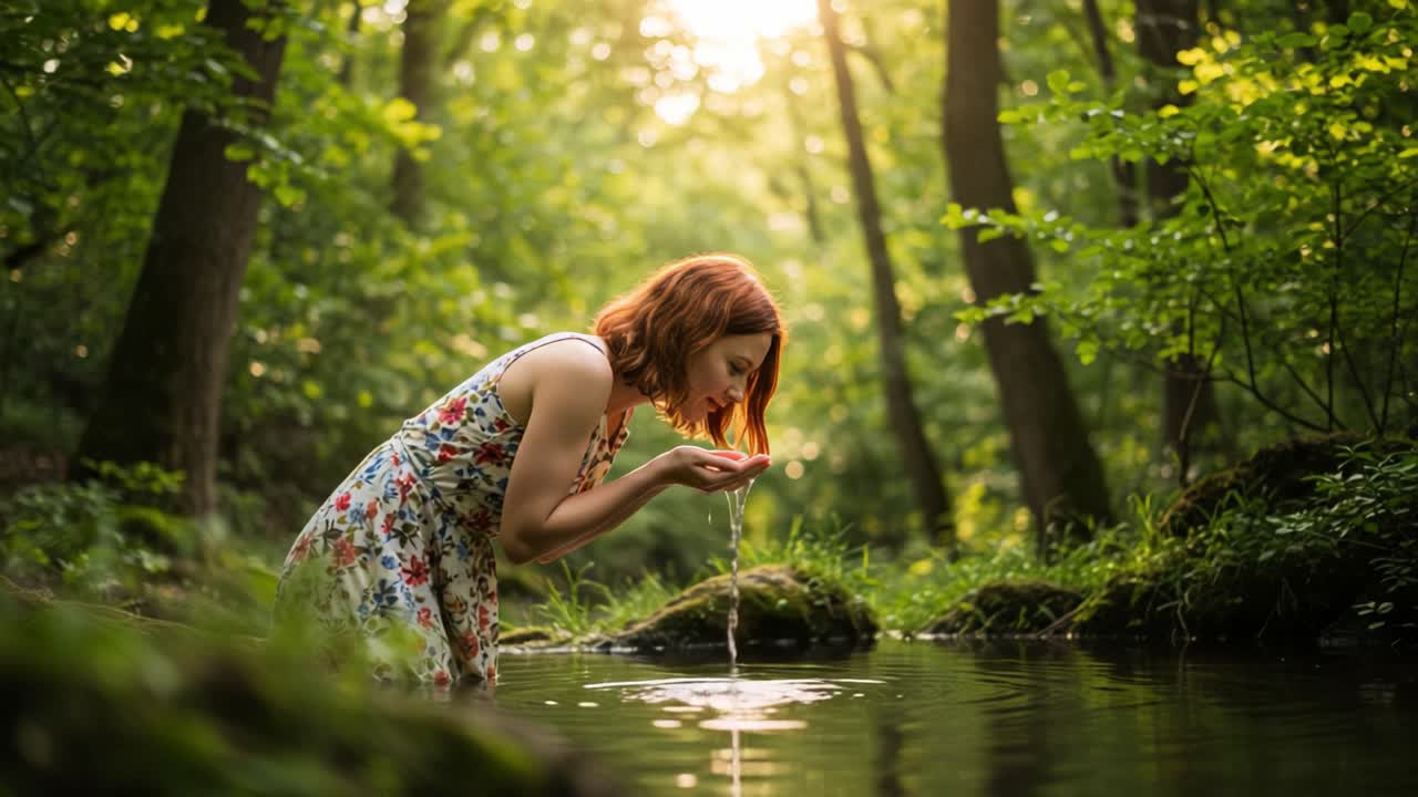 A young woman in a floral dress kneels by a serene forest stream, gently cupping water in her hands while captivated by the beautiful natural surroundings and sunlight