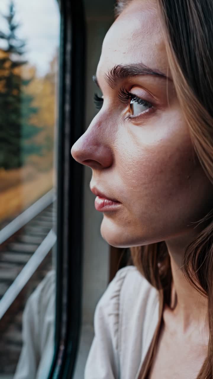 Woman gazing out train window, thoughtful expression
