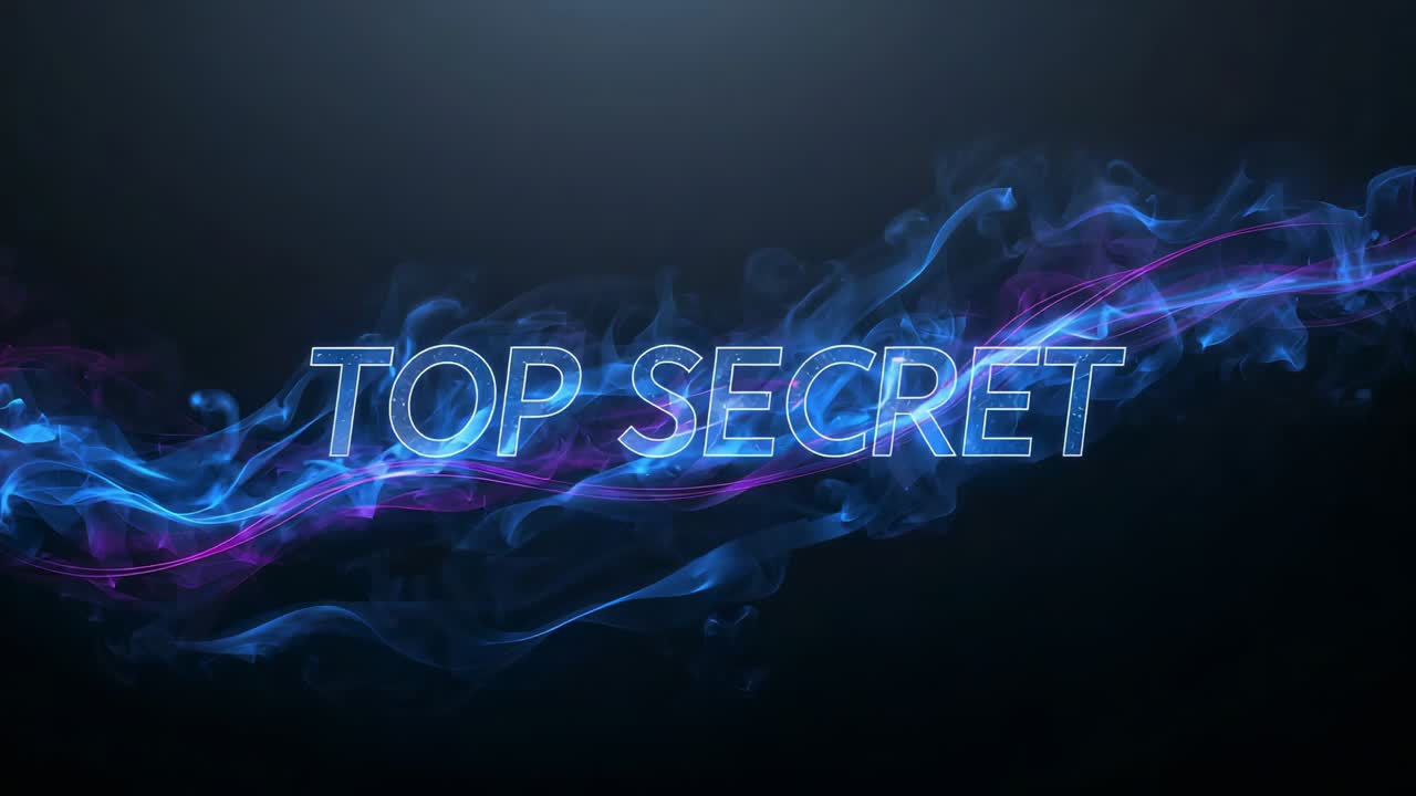 Sequenza iniziale con titolo TOP SECRET al neon pulsante per rivelare lo sfondo scuro, nastri blu-magenta intrecciati