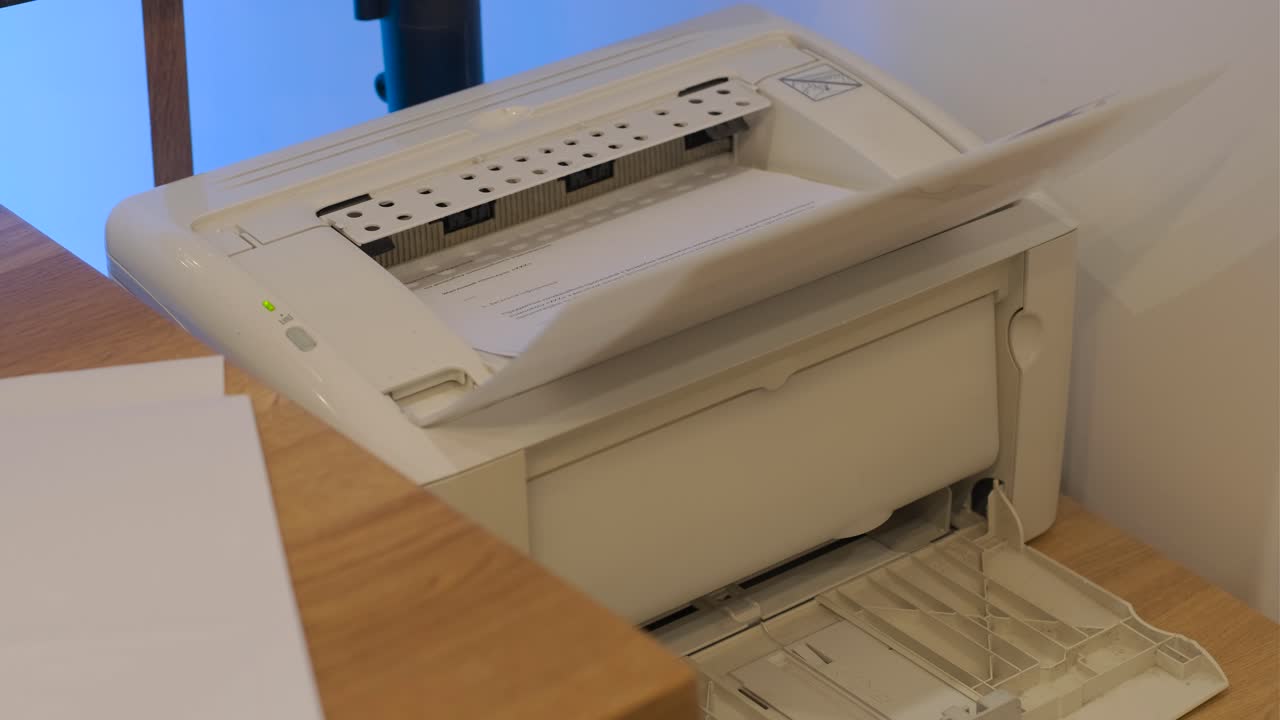 Stampante bianca che stampa documenti su una scrivania in legno
