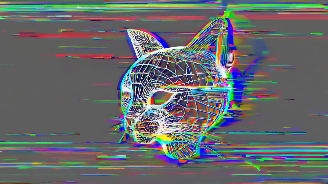Digitalt trådrammekattehode med glitch-effekter, sett forfra