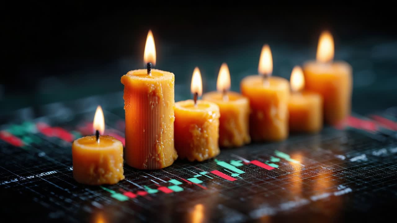 A Serene Display of Flickering Candles on a Financial Chart Background, Illuminating the Darkness with Their Warm Glow, Symbolizing Hope and Tranquility Amidst Market Fluctuations