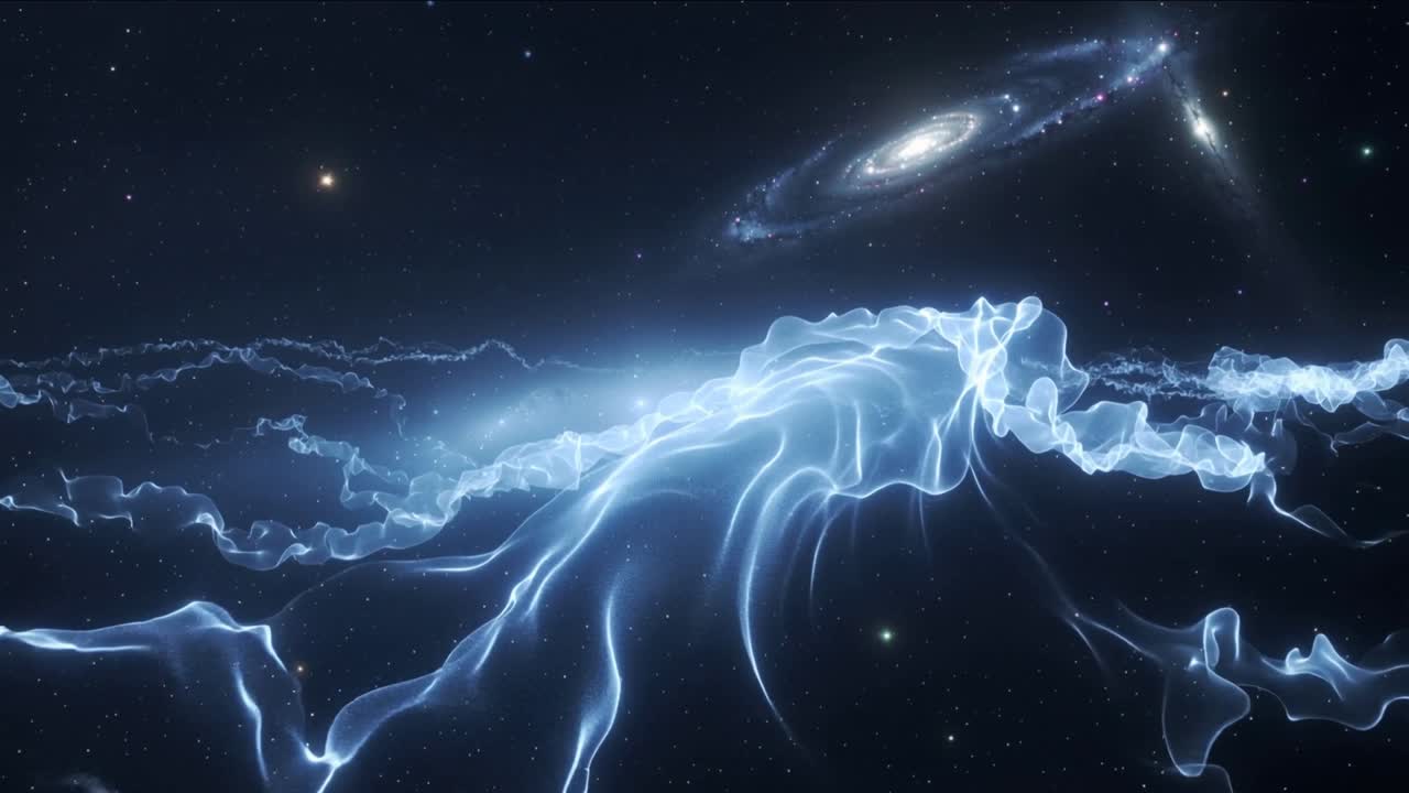 Animazione in riproduzione, con nastro luminoso che si evolve in un foglio, espandendosi oltre le galassie per il design.