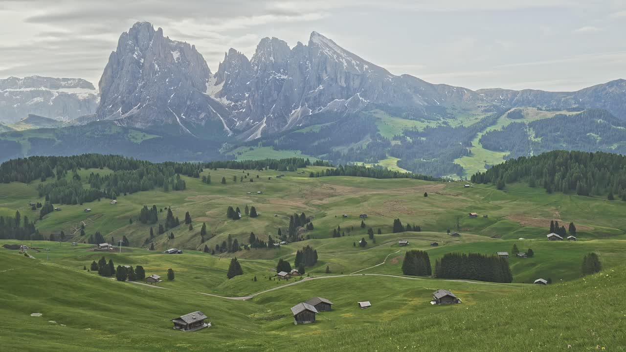 Peaceful Alpine meadow landscape with Dolomite Mountain backdrop