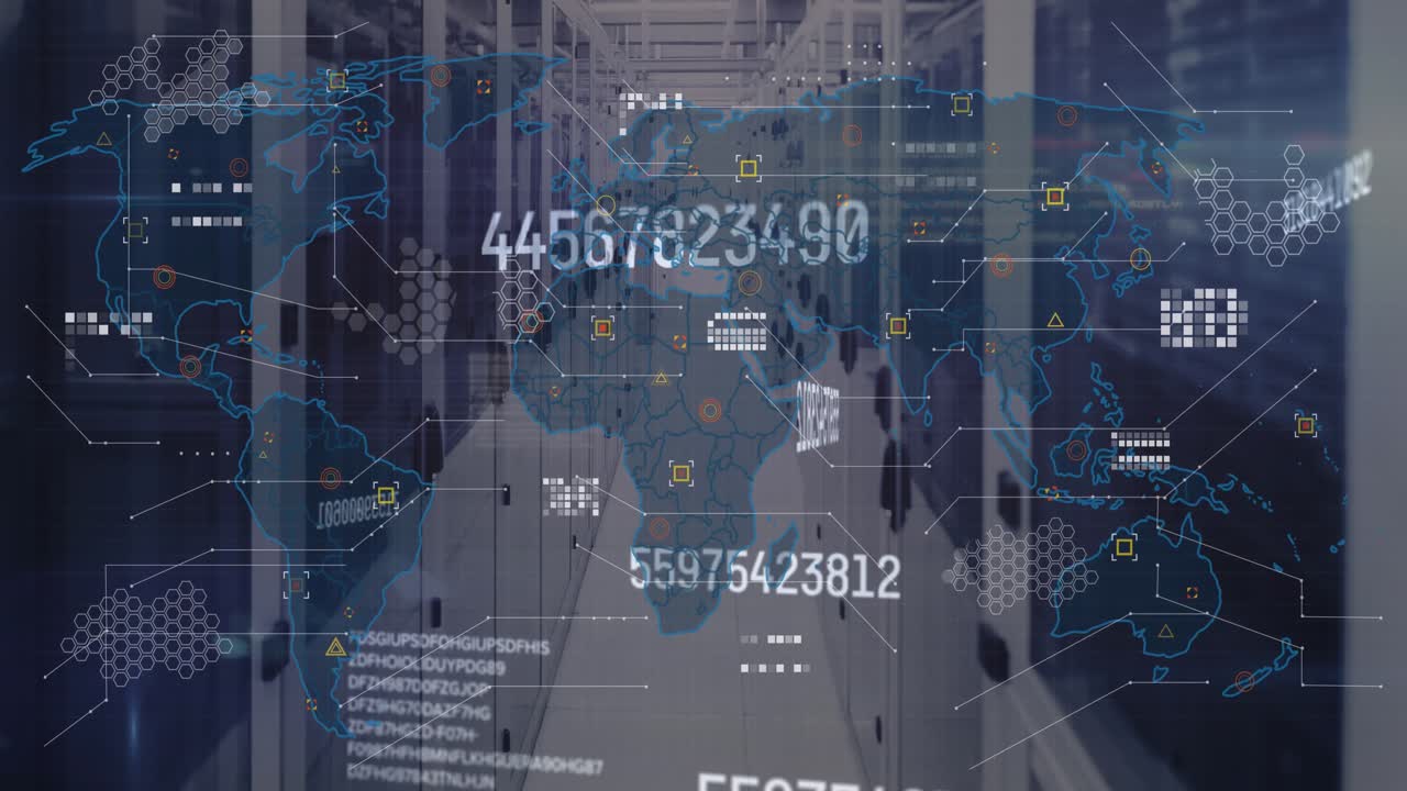 Animation of numbers over map and database against server room