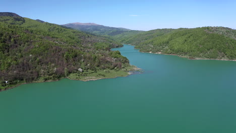 Amazing-Mountainous-Landscape-And-Turquoise-Water-In-Romania---Aerial-shot