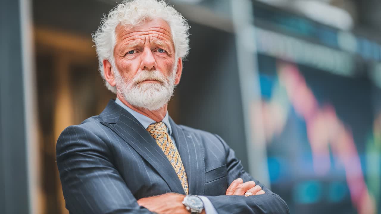 Confident Businessman with Silver Hair and Stylish Suit Standing with Arms Crossed, Gazing Intently Towards the Camera Against a Colorful Financial Background