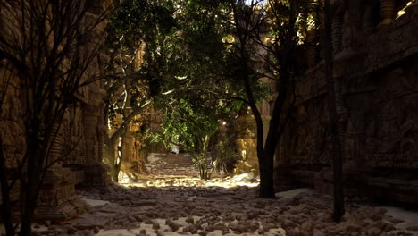 pathway through ancient ruins with lush greenery and sunlight
