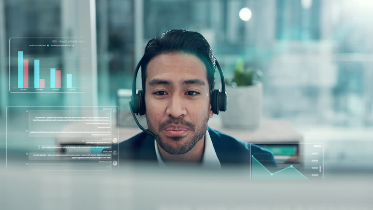 Uomo professionista con auricolare che comunica con display di dati futuristici