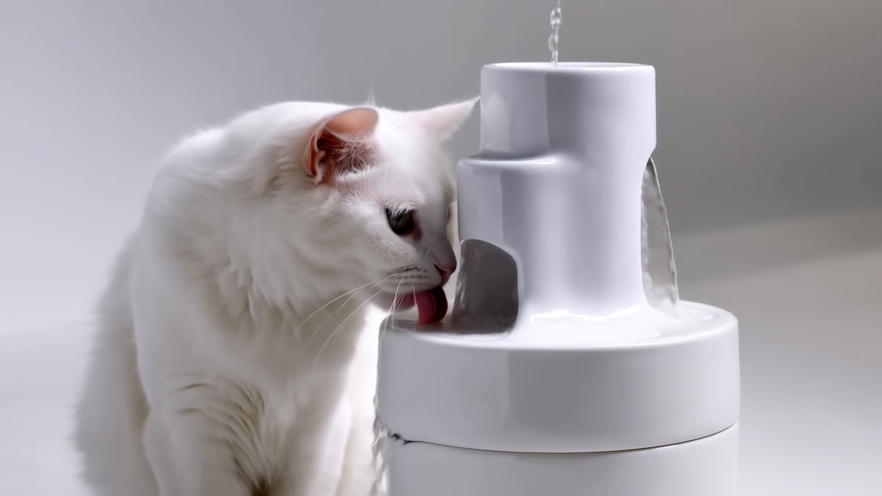 White Cat Drinking From Water Fountain, Studiolit Closeup Showing Silky Fur And Whisker Detail, Flowing Stream