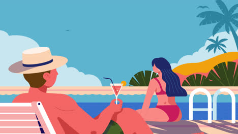 motion graphic of flat summer background with people at the pool