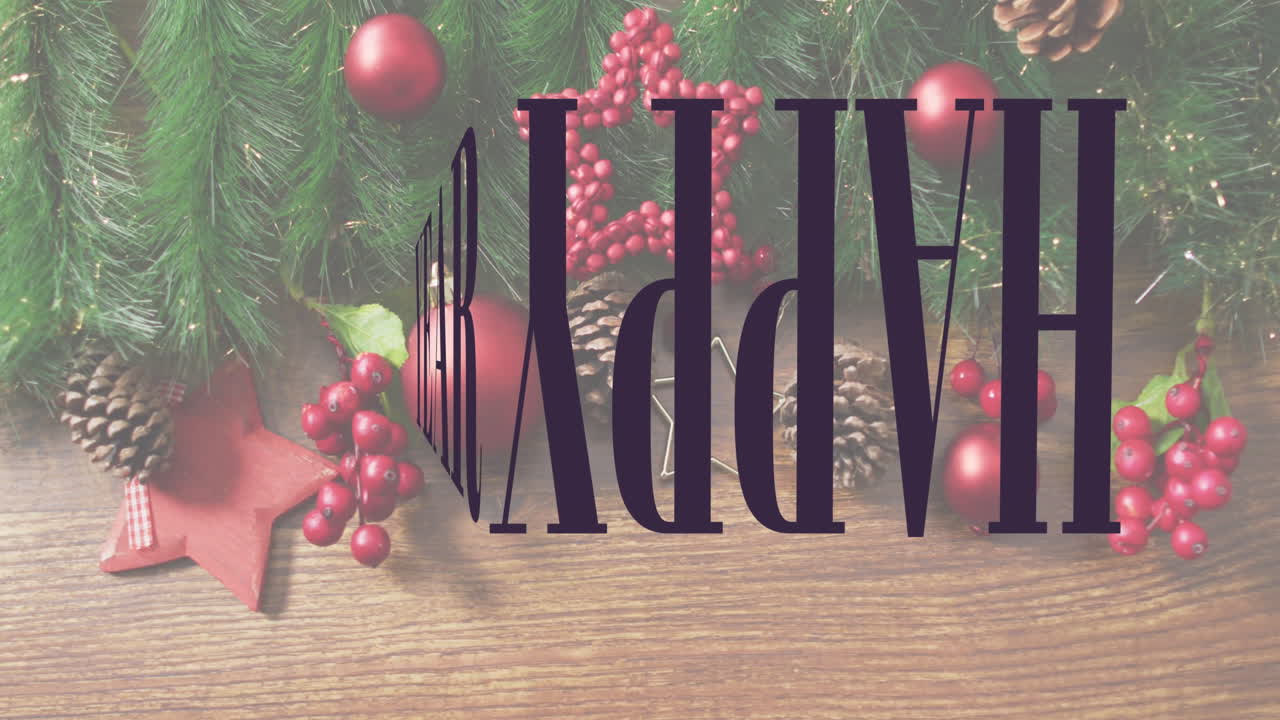 animación de feliz navidad y feliz año nuevo texto sobre decoraciones de navidad en la mesa