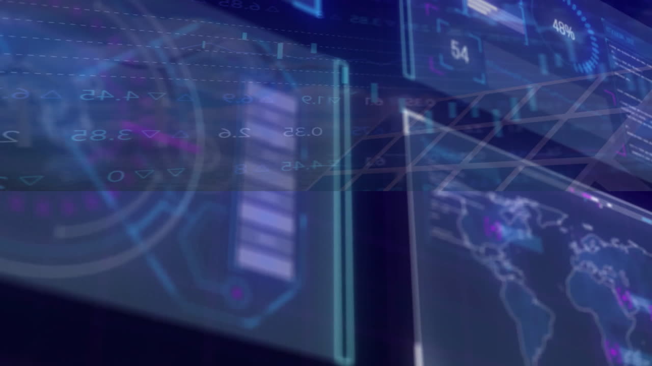 Displaying futuristic data charts and world map, digital interface with animation