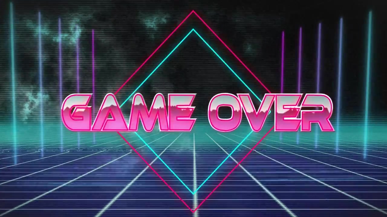 Spredte 3D-bokstaver som danner GAME OVER, med animerte diamantkonturer og søyler som viser en arkadesløyfe.