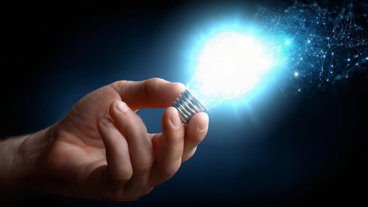 A Hand Holding an Illuminated Light Bulb, Symbolizing Innovation and the Spark of Creativity with Glowing Particle Effects Against a Dark Background