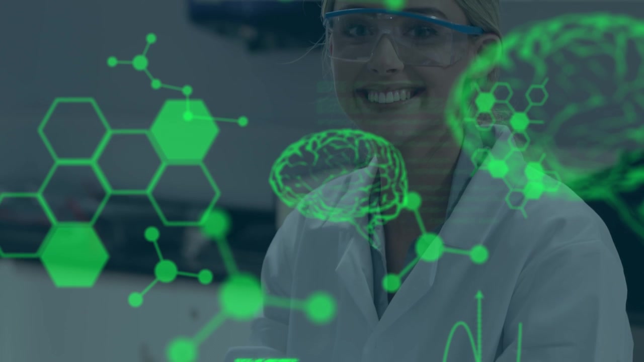 Animation of data processing over happy caucasian female scientist with test tubes