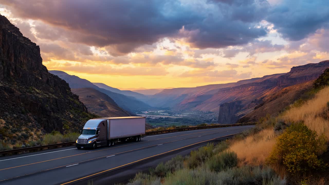 Viaggio affascinante attraverso maestose montagne: un camion attraversa valli serene sotto un cielo colorato al tramonto, esaltando la bellezza della natura e i viaggi avventurosi