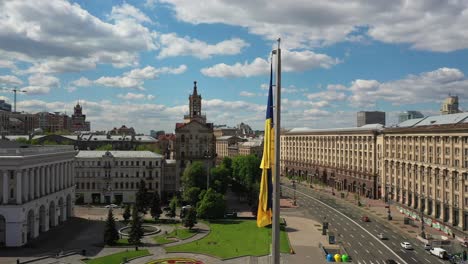 lviv city center with ukrainian flag