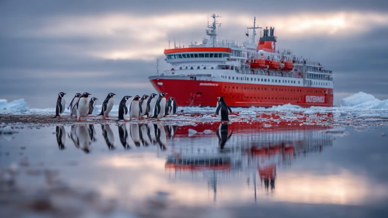 Una impresionante exhibición de pingüinos reunidos en las costas heladas con un llamativo barco rojo reflejándose en el agua, encarnando la belleza de la naturaleza y la aventura en las regiones polares.