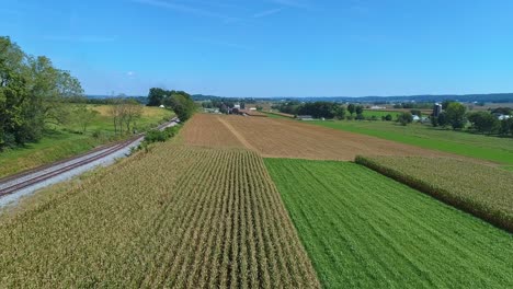 a drone view of farmlands and corn crops waiting to be harvested along side a railroad track on a fall day
