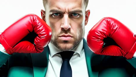 a man in a suit and tie with red boxing gloves