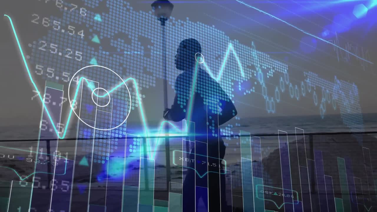 mercado de valores y procesamiento de datos estadísticos sobre el mapa del mundo contra el hombre afroamericano corriendo