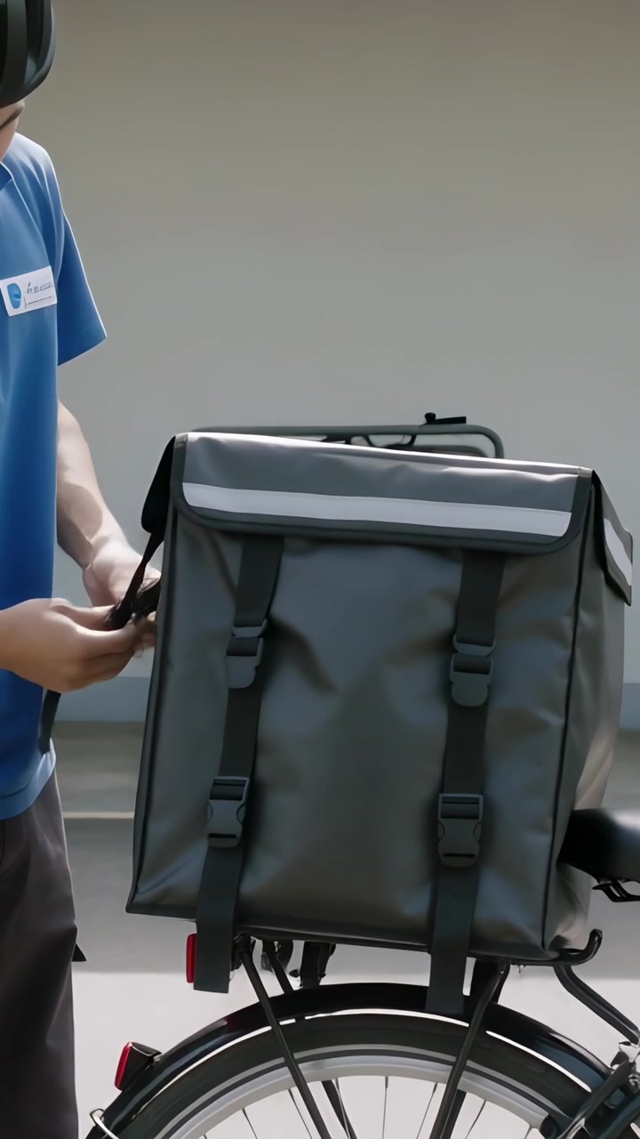 Vertical video: Checking straps rider in blue polo helmet securing bag to bike for dropoff by wall
