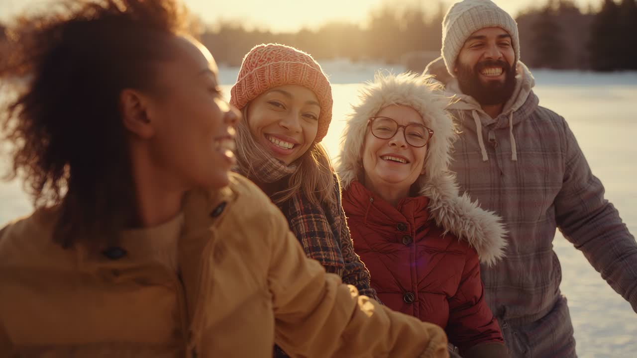 Reacting to friend entering, four friends gathering at frozen lake edge, laughing in winter jackets