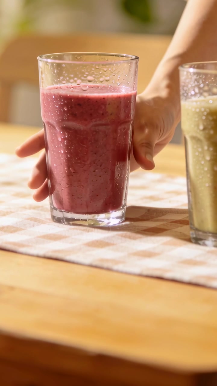 Video verticale: Mano destra che si allunga spostando un bicchiere centrale per posizionarlo su un tappetino a quadri accanto a un bicchiere verde.