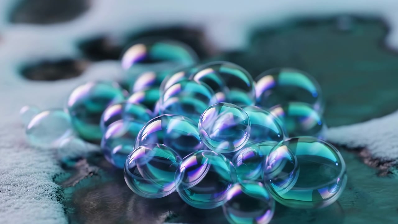 Bolle che galleggiano, su una superficie con motivi circolari, con bolle, superficie circolare, con texture di acqua e vetro, da una prospettiva dall'alto, con accenti blu e verdi, e un'atmosfera calma e serena.