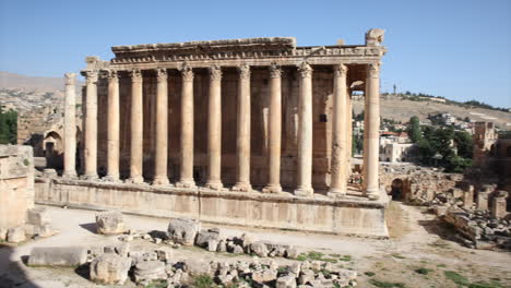 shot pans over to the temple of bacchus at baalbek city in lebanaon