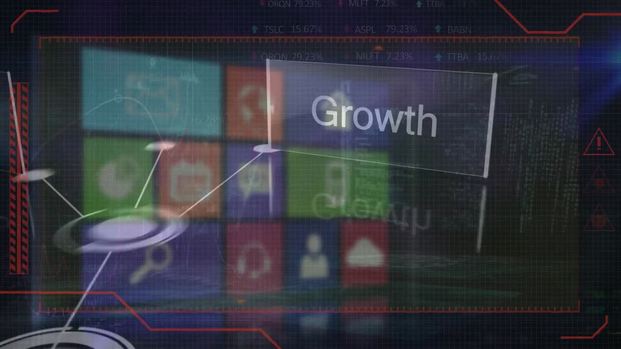 Animation of business, growth, innovation over screen with diverse icons