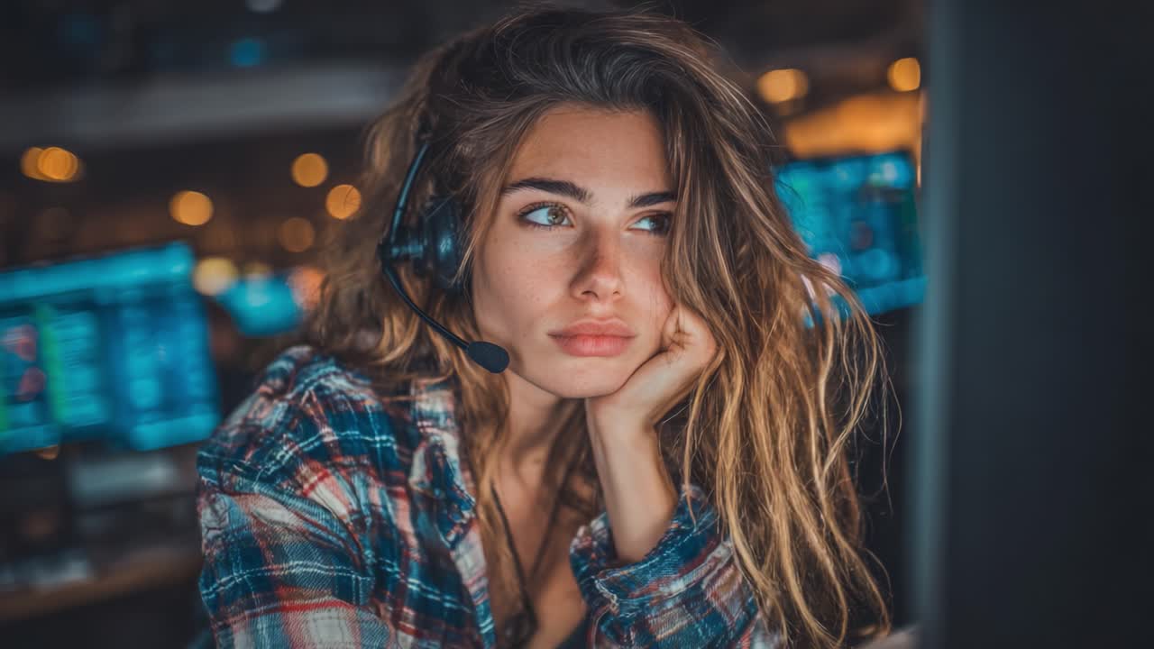 Um indivíduo concentrado com fone de ouvido e expressão pensativa em um ambiente de trabalho animado, capturando a essência da concentração e do engajamento na comunicação moderna