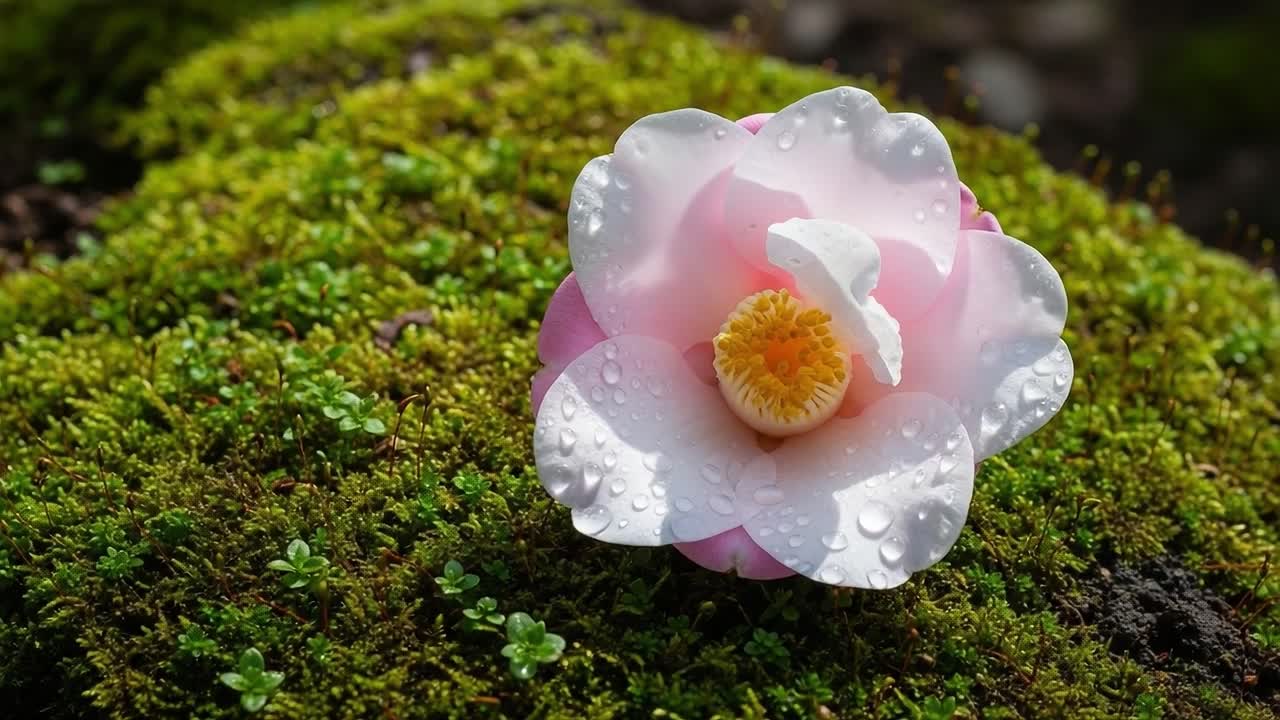 A Beautiful Blooming Flower Surrounded by Lush Green Moss with Glimmering Water Droplets Highlighting Its Vibrant Petals and Soft Texture in a Natural Setting