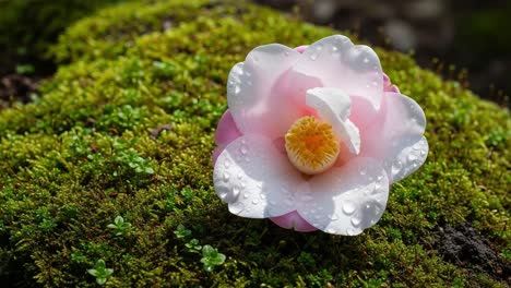 a beautiful blooming flower surrounded by lush green moss with glimmering water droplets highlighting its vibrant petals and soft texture in a natural setting