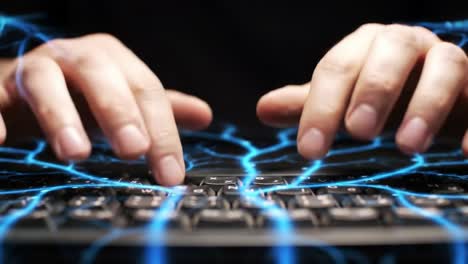a dynamic visual representation of electric energy flowing through hands typing on a keyboard, highlighting the connection between technology and human interaction