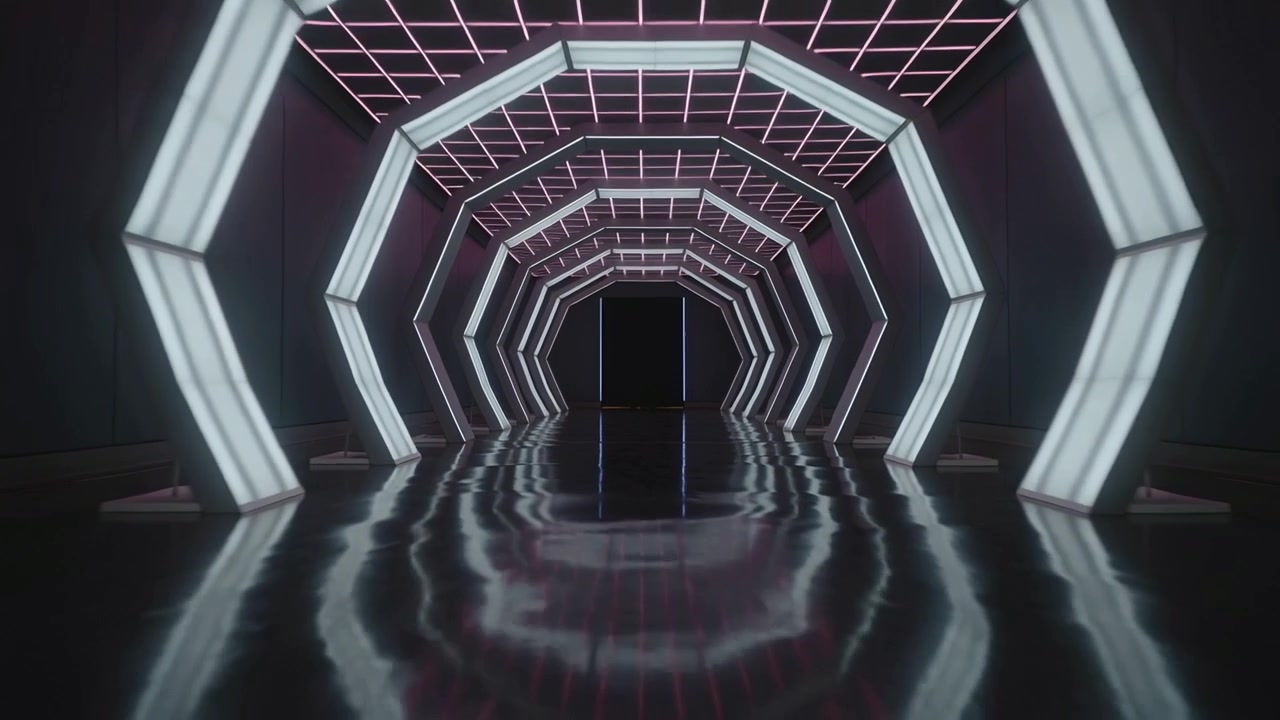 Rippling glossy floor shifting reflections of lit hexagon arches in future tunnel, pink grid exit