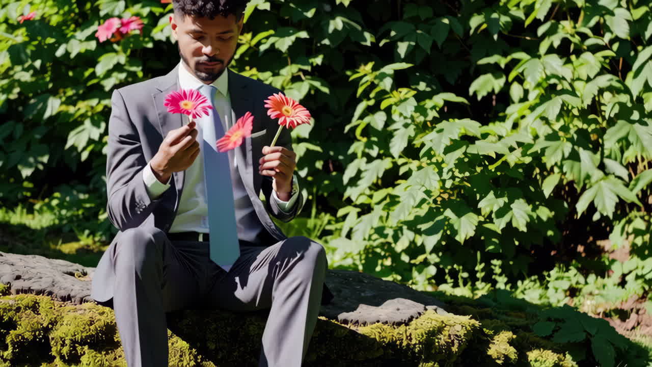 Elegant Man in Suit Sitting Outdoors with Pink and Orange Flowers