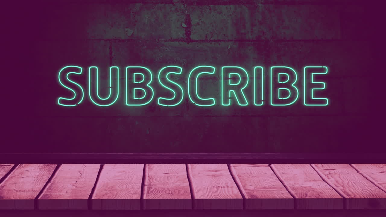 animación de la palabra de estilo neón verde suscribirse parpadeando sobre fondo púrpura